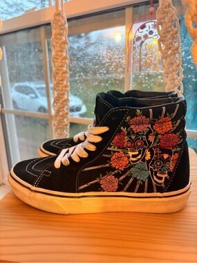 Vans Black High-Top Sneakers with Floral Sugar Skull Design